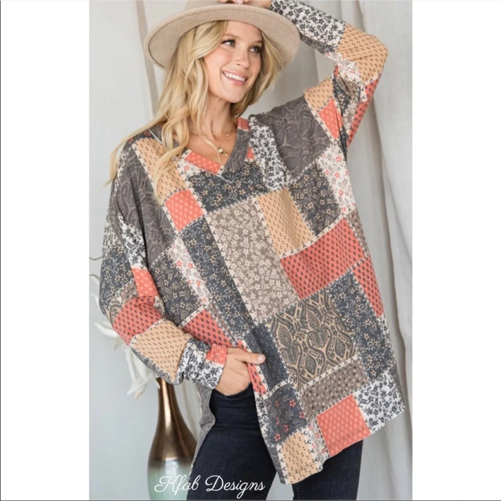 LAST 2! V Neck Patchwork Relaxed Fit Side Slit Detail Top! - Picture 2 of 8